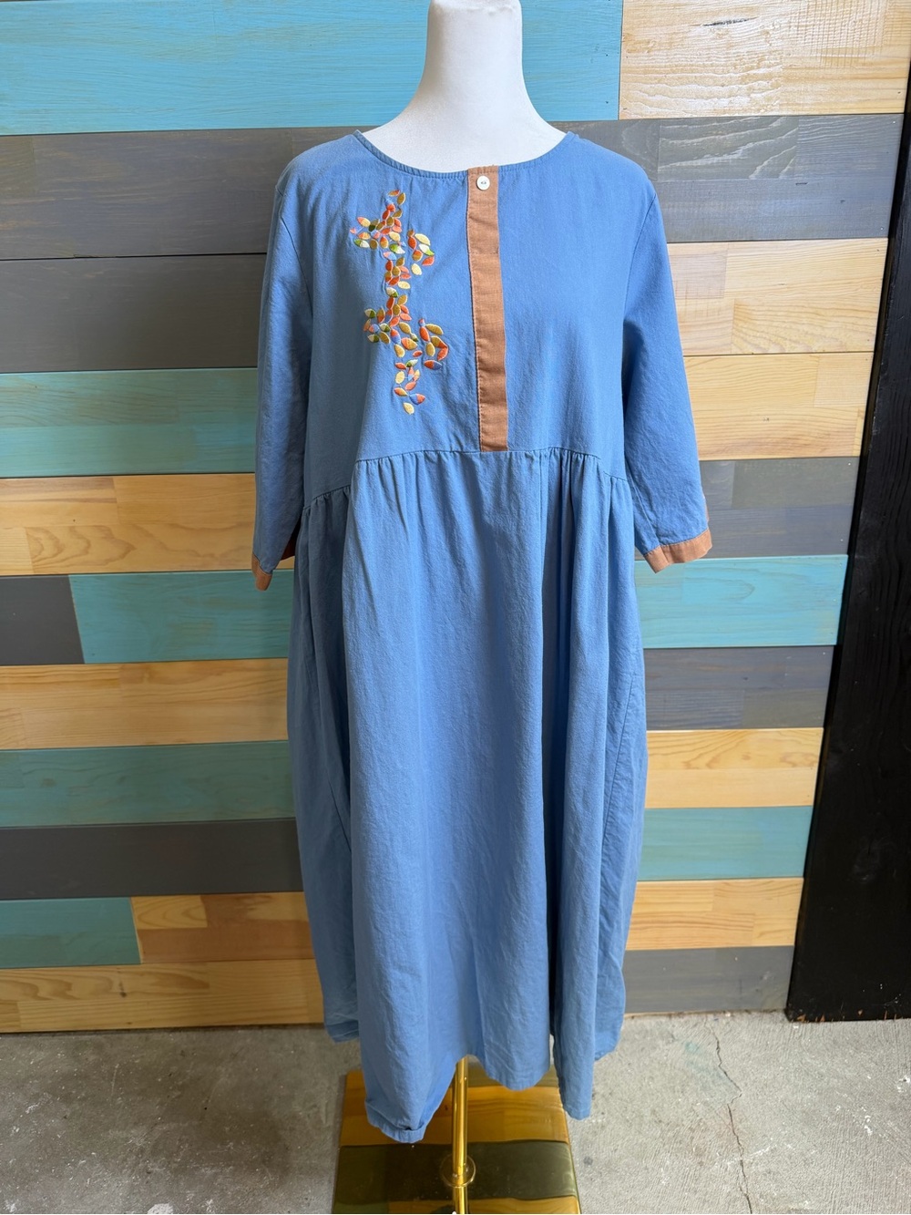 Blue And Brown Embroidered Midi Boho Peasant Cottage Style Prairie Dress